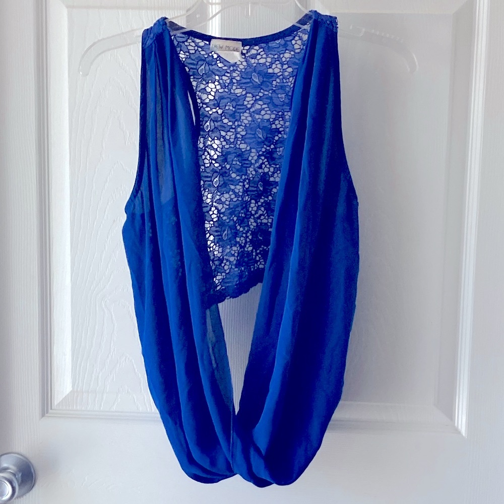 New Mode USA Royal Blue Lace Back Blouse Size S